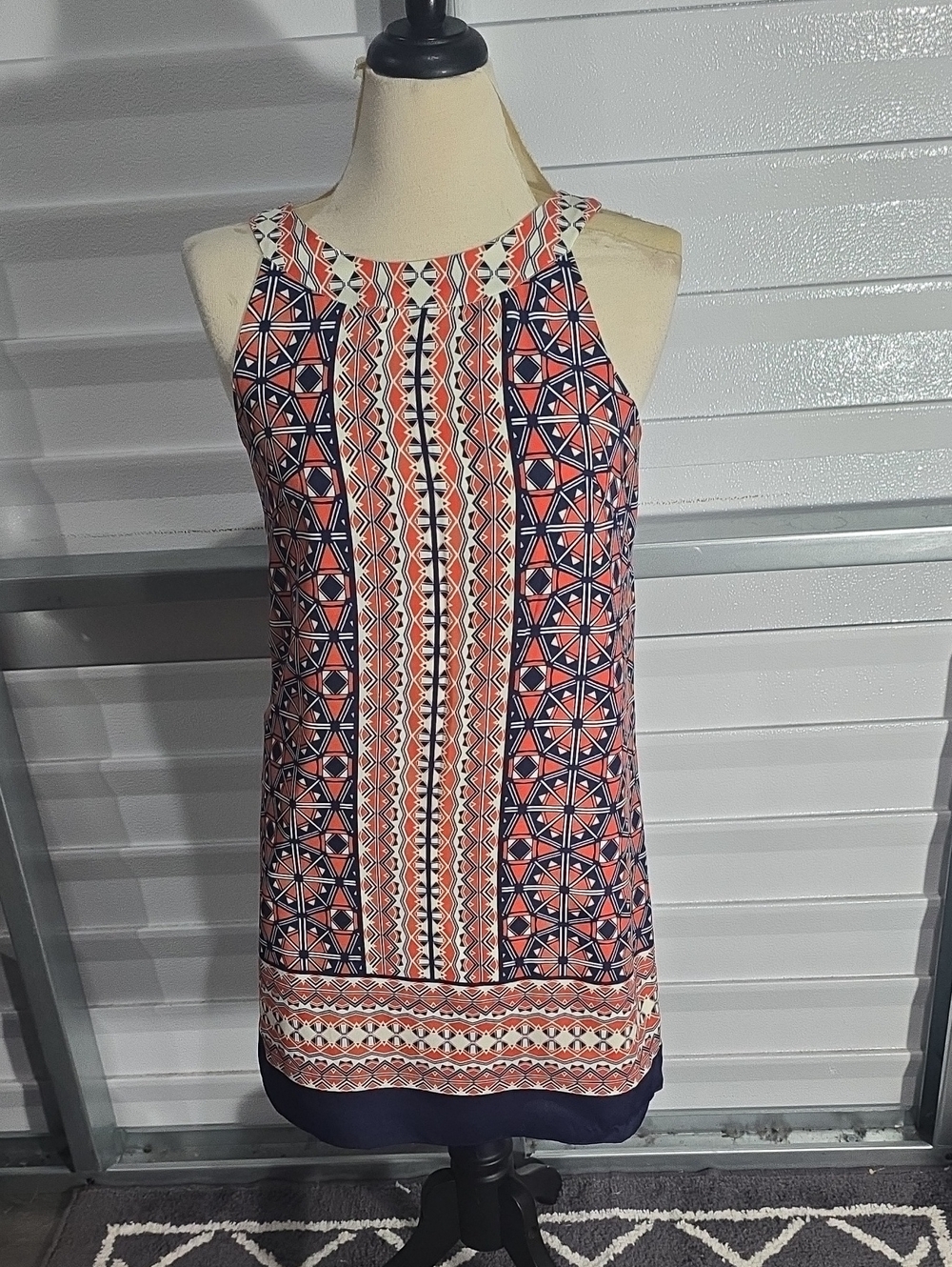 London Times Coral & Navy Geometric Halter Shift Dress Size 8
